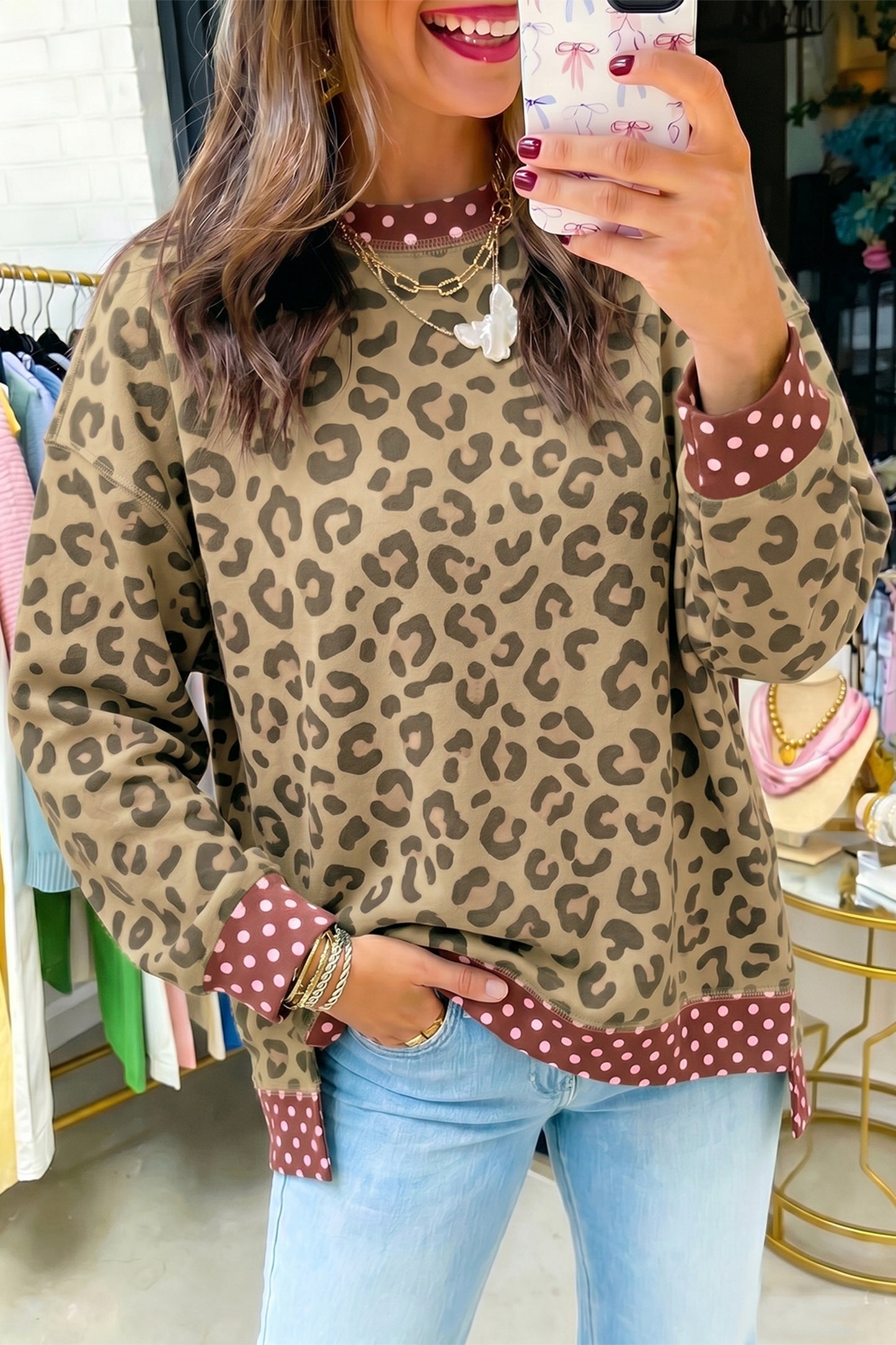 Pink Leopard Polka Dot Colorblock Trim Long Sleeve Top